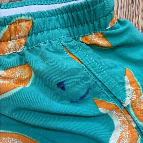 Patagonia Women’s Baggies 5 inch inseam Teal Shorts with Cantaloupe Slice Print - Picture 2 of 5